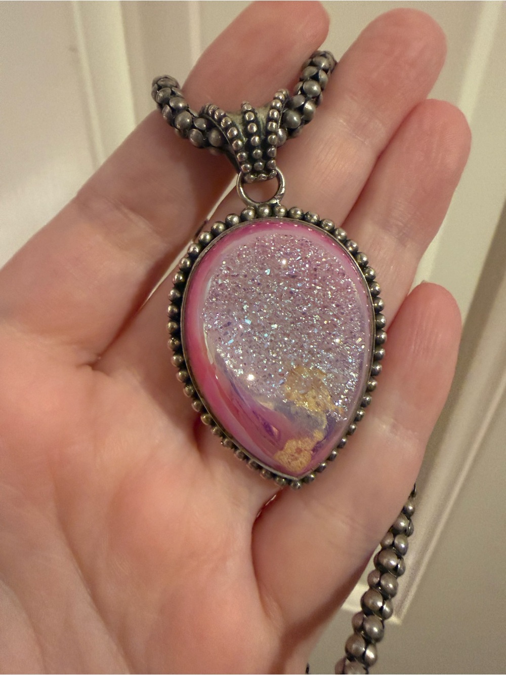 Vintage Sajen Pink Druzy Teardrop Pendant Necklace - Silver Tone